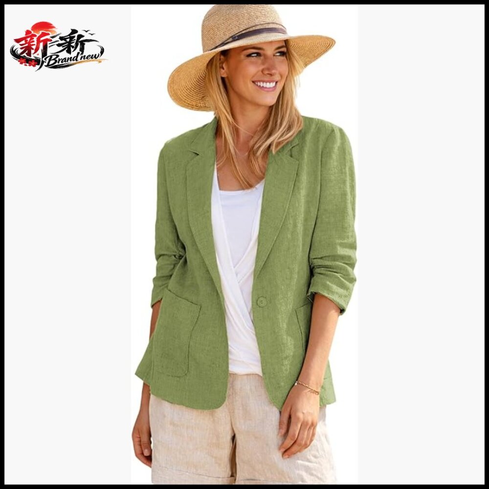 Linen Blend Blazer With 3/4 Stretchy Ruched Sleeves And Pockets